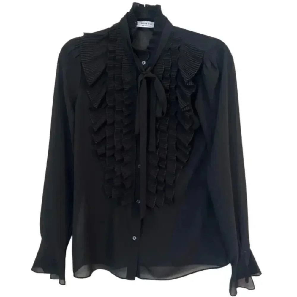 BAILEY / 44 Black Sheer Ruffle Long Sleeve Blouse Womens Small